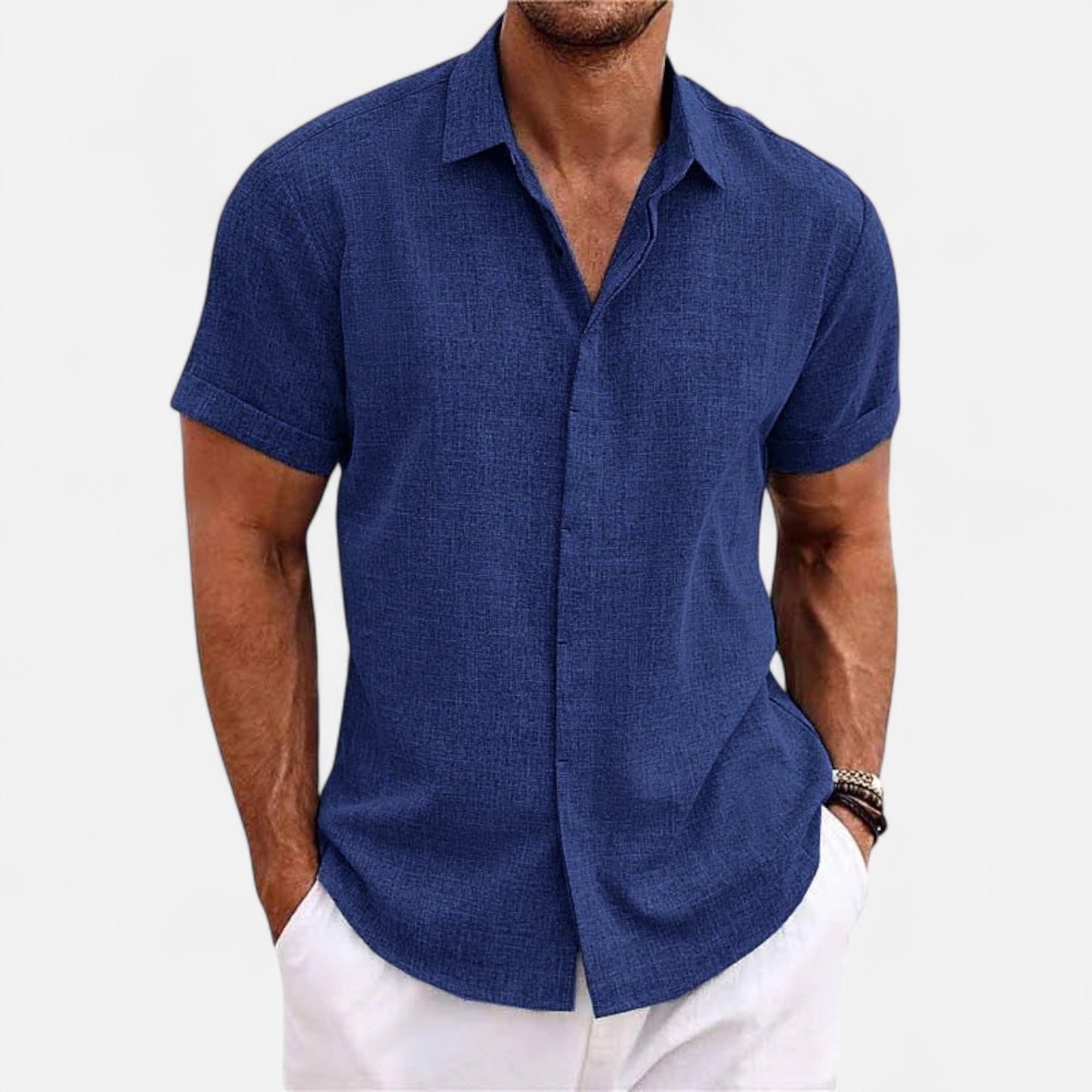 Valmoirmode | Men’s Solid Colour Lapel Cotton-Linen Short Sleeve Shirt – Effortless Summer Sophistication