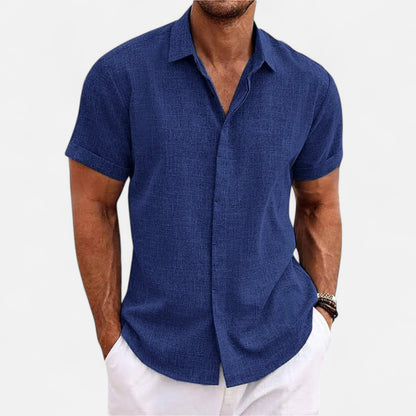 Valmoirmode | Men’s Solid Colour Lapel Cotton-Linen Short Sleeve Shirt – Effortless Summer Sophistication