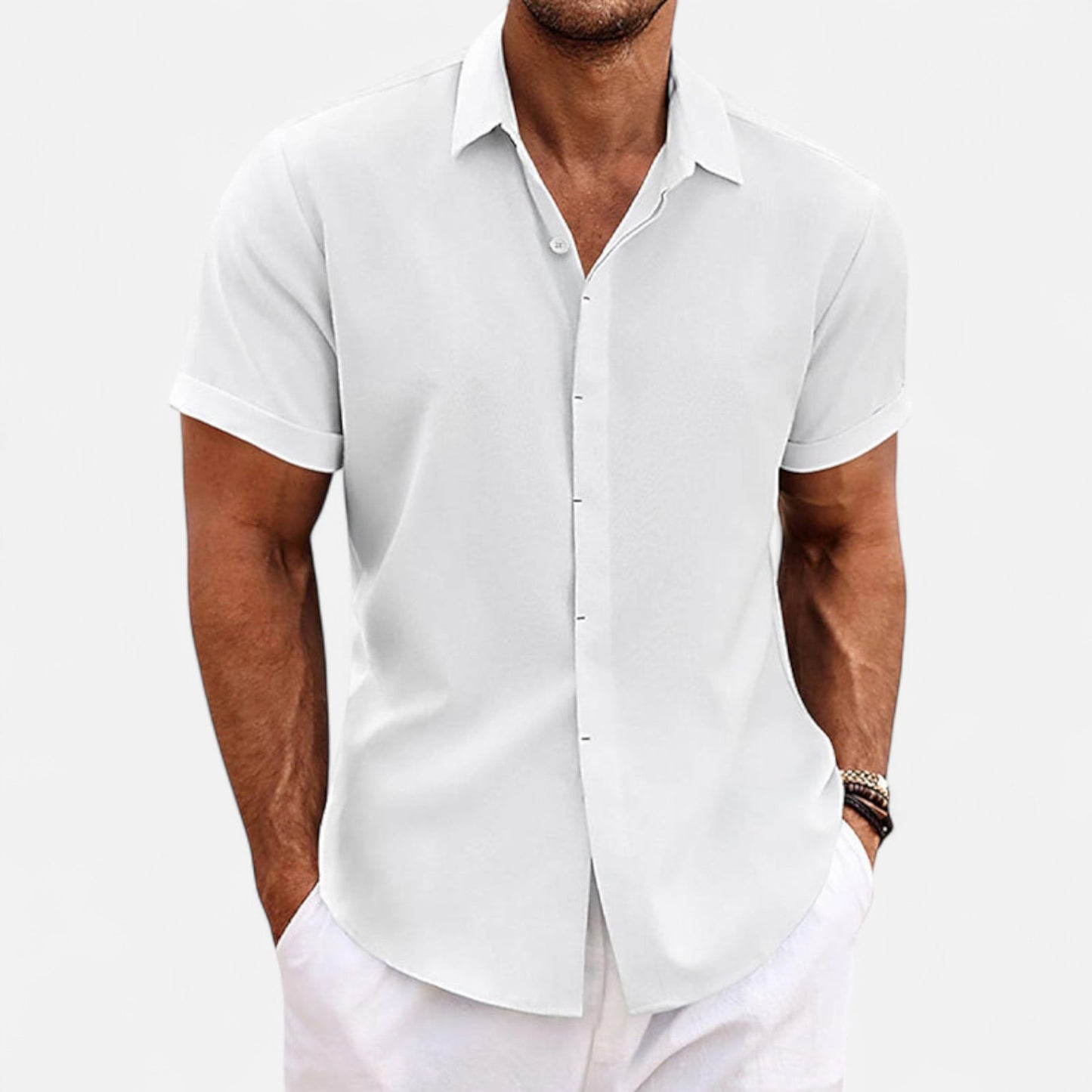 Valmoirmode | Men’s Solid Colour Lapel Cotton-Linen Short Sleeve Shirt – Effortless Summer Sophistication