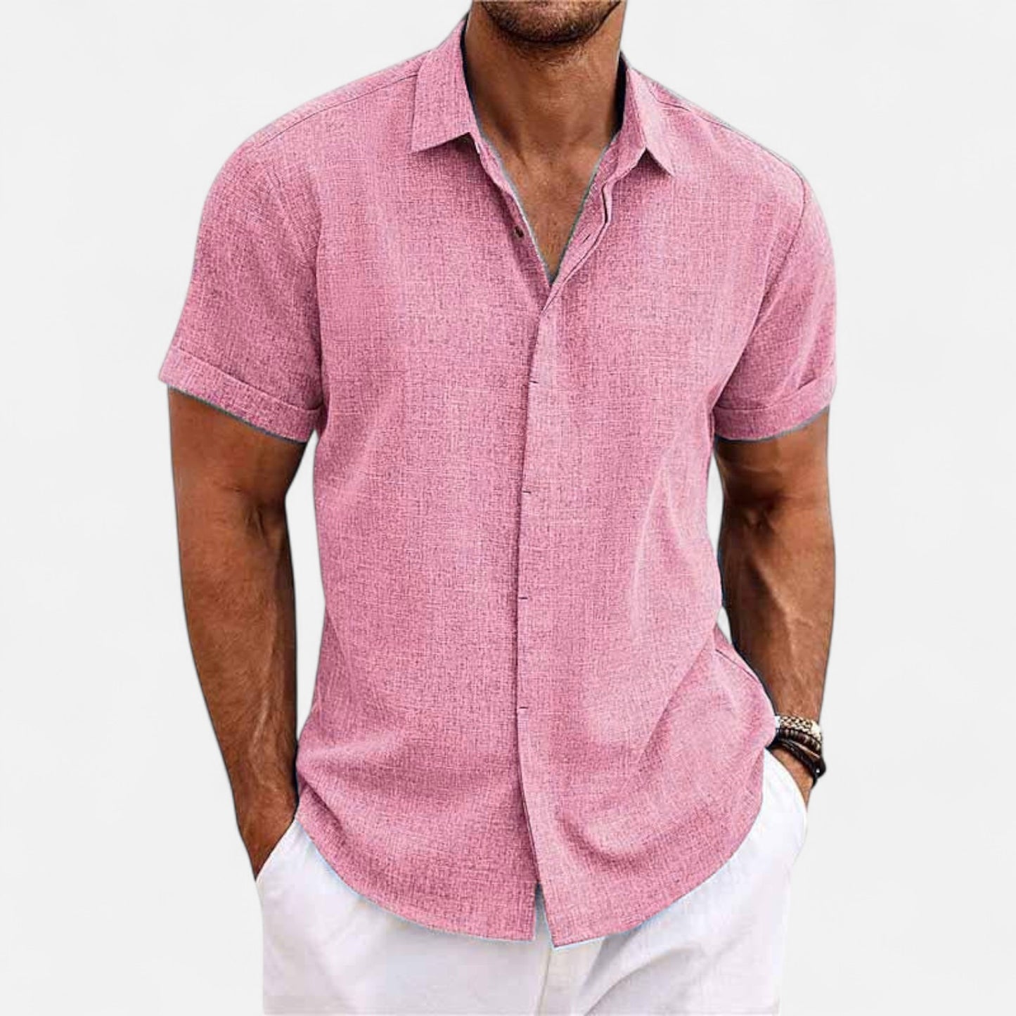 Valmoirmode | Men’s Solid Colour Lapel Cotton-Linen Short Sleeve Shirt – Effortless Summer Sophistication