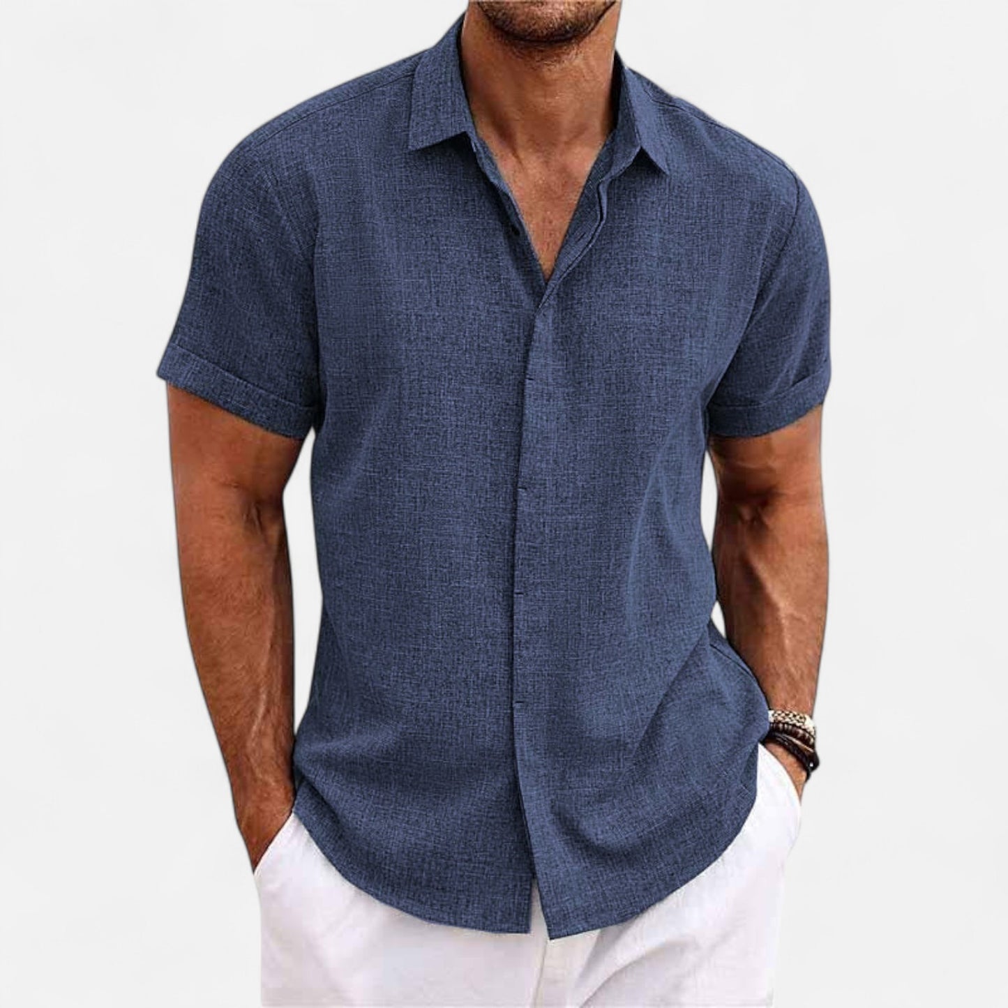 Valmoirmode | Men’s Solid Colour Lapel Cotton-Linen Short Sleeve Shirt – Effortless Summer Sophistication