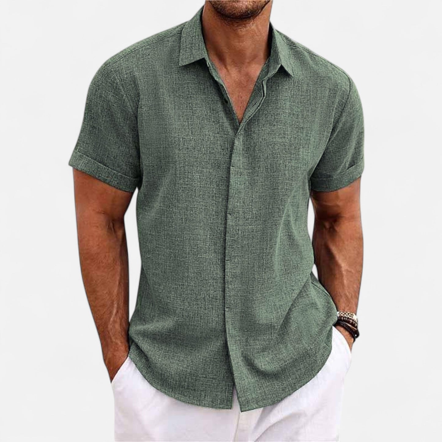 Valmoirmode | Men’s Solid Colour Lapel Cotton-Linen Short Sleeve Shirt – Effortless Summer Sophistication