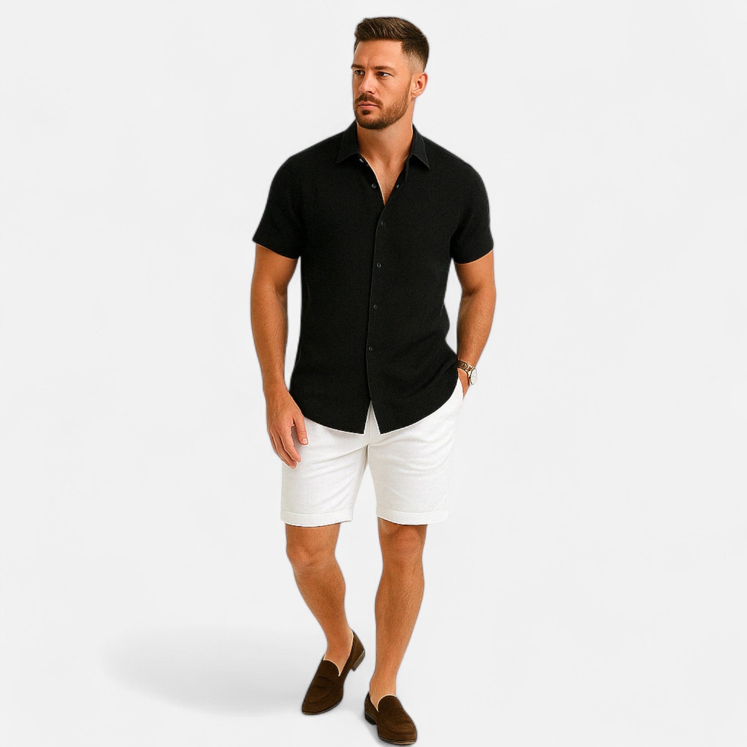Valmoirmode | Men’s Solid Colour Lapel Cotton-Linen Short Sleeve Shirt – Effortless Summer Sophistication