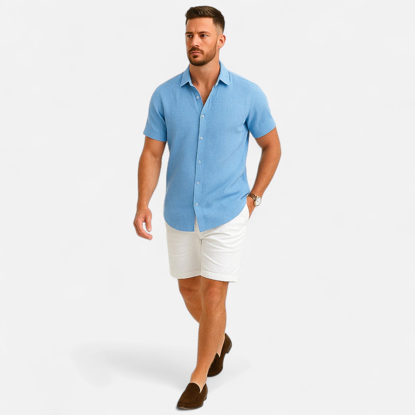 Valmoirmode | Men’s Solid Colour Lapel Cotton-Linen Short Sleeve Shirt – Effortless Summer Sophistication