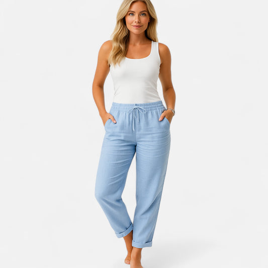Valmoirmode | Women's Cotton & Linen High-Waisted Trousers – Effortless Summer Elegance