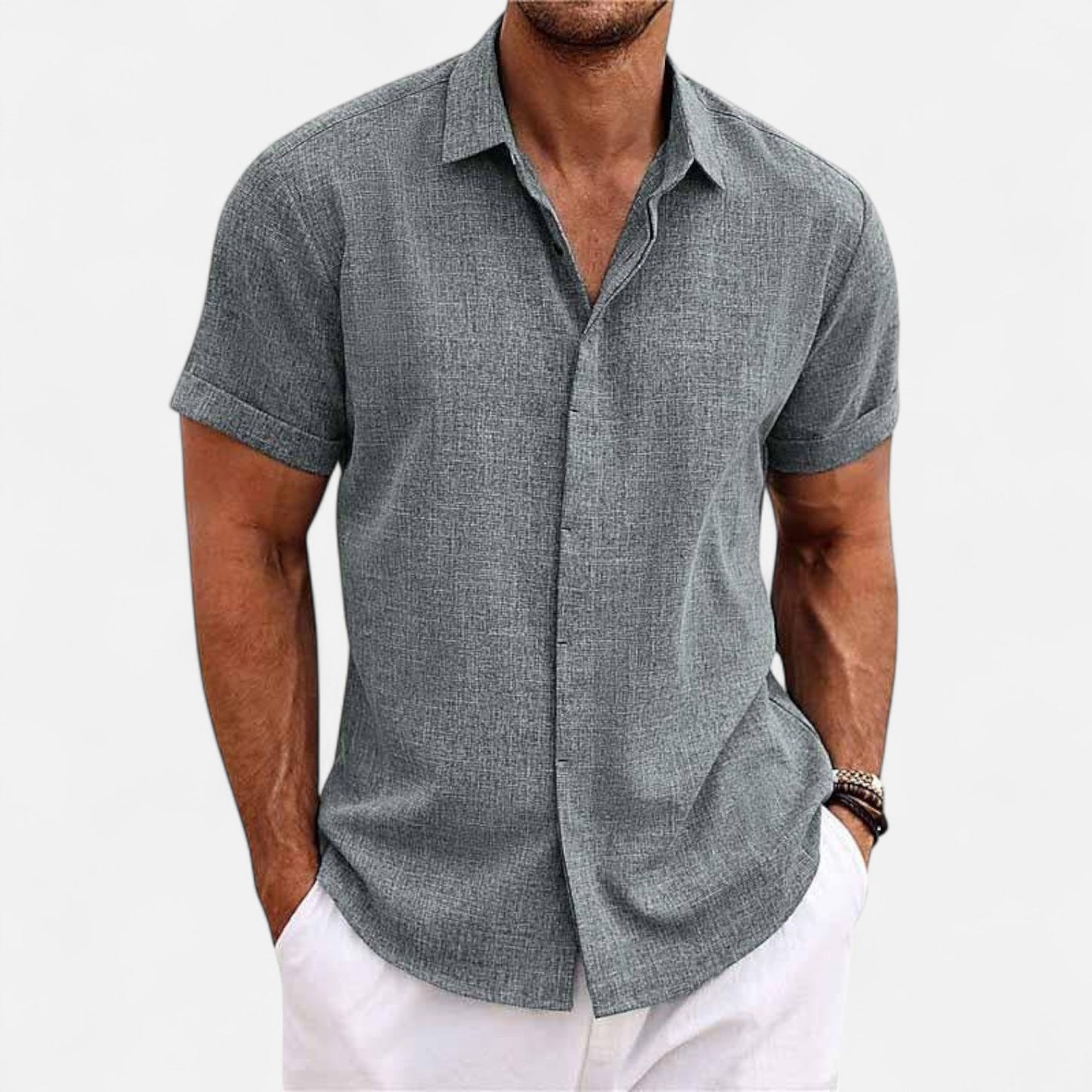 Valmoirmode | Men’s Solid Colour Lapel Cotton-Linen Short Sleeve Shirt – Effortless Summer Sophistication