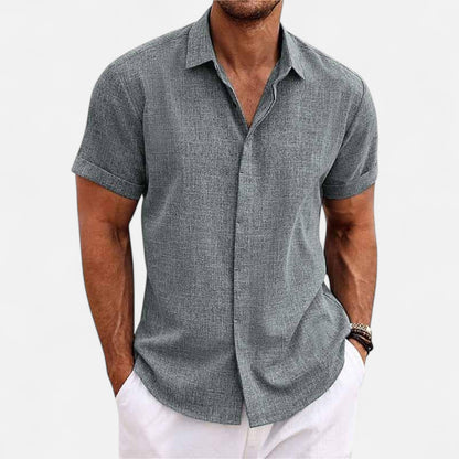 Valmoirmode | Men’s Solid Colour Lapel Cotton-Linen Short Sleeve Shirt – Effortless Summer Sophistication
