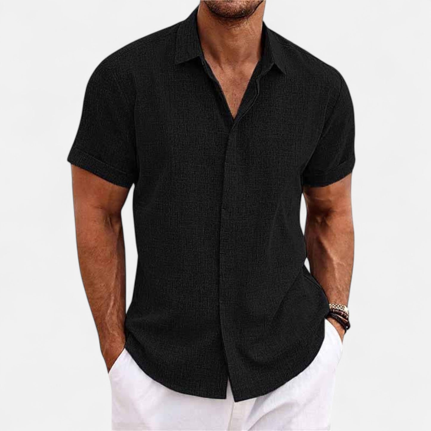 Valmoirmode | Men’s Solid Colour Lapel Cotton-Linen Short Sleeve Shirt – Effortless Summer Sophistication