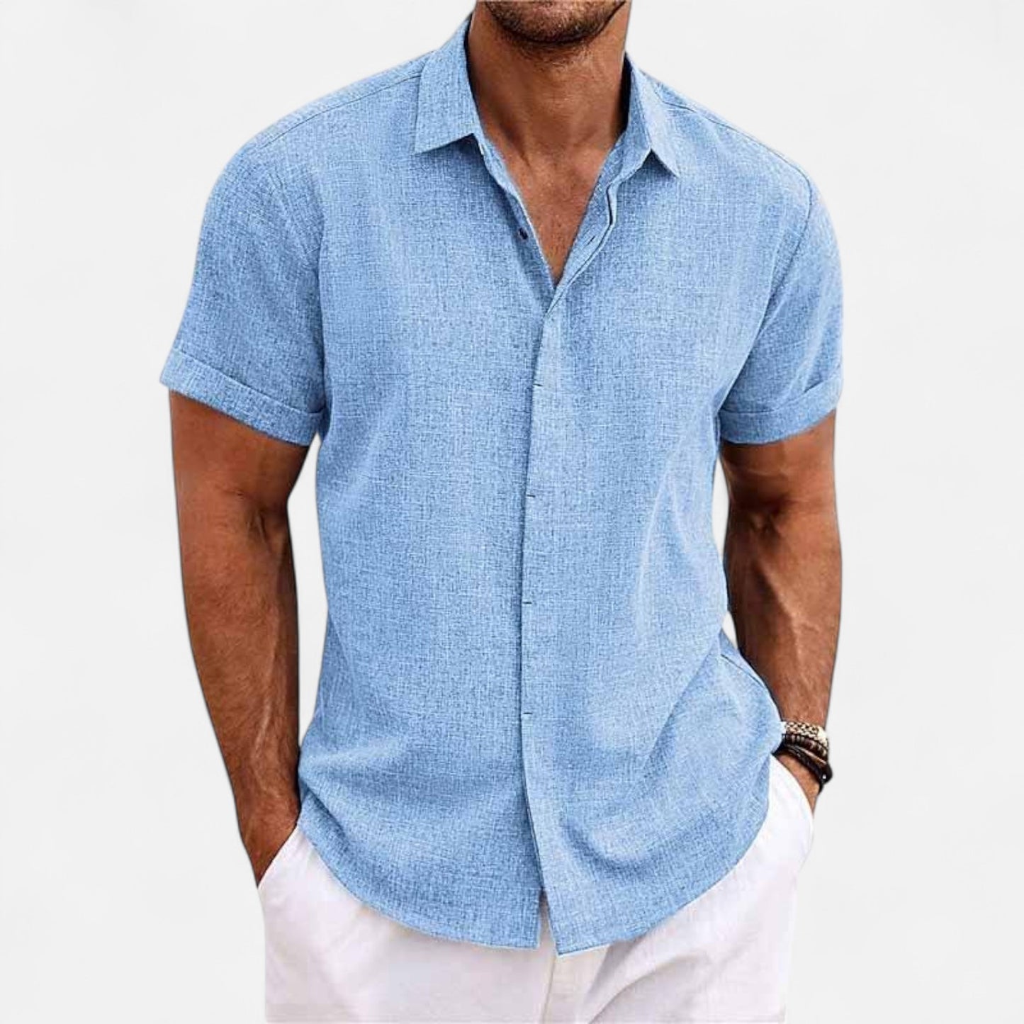 Valmoirmode | Men’s Solid Colour Lapel Cotton-Linen Short Sleeve Shirt – Effortless Summer Sophistication