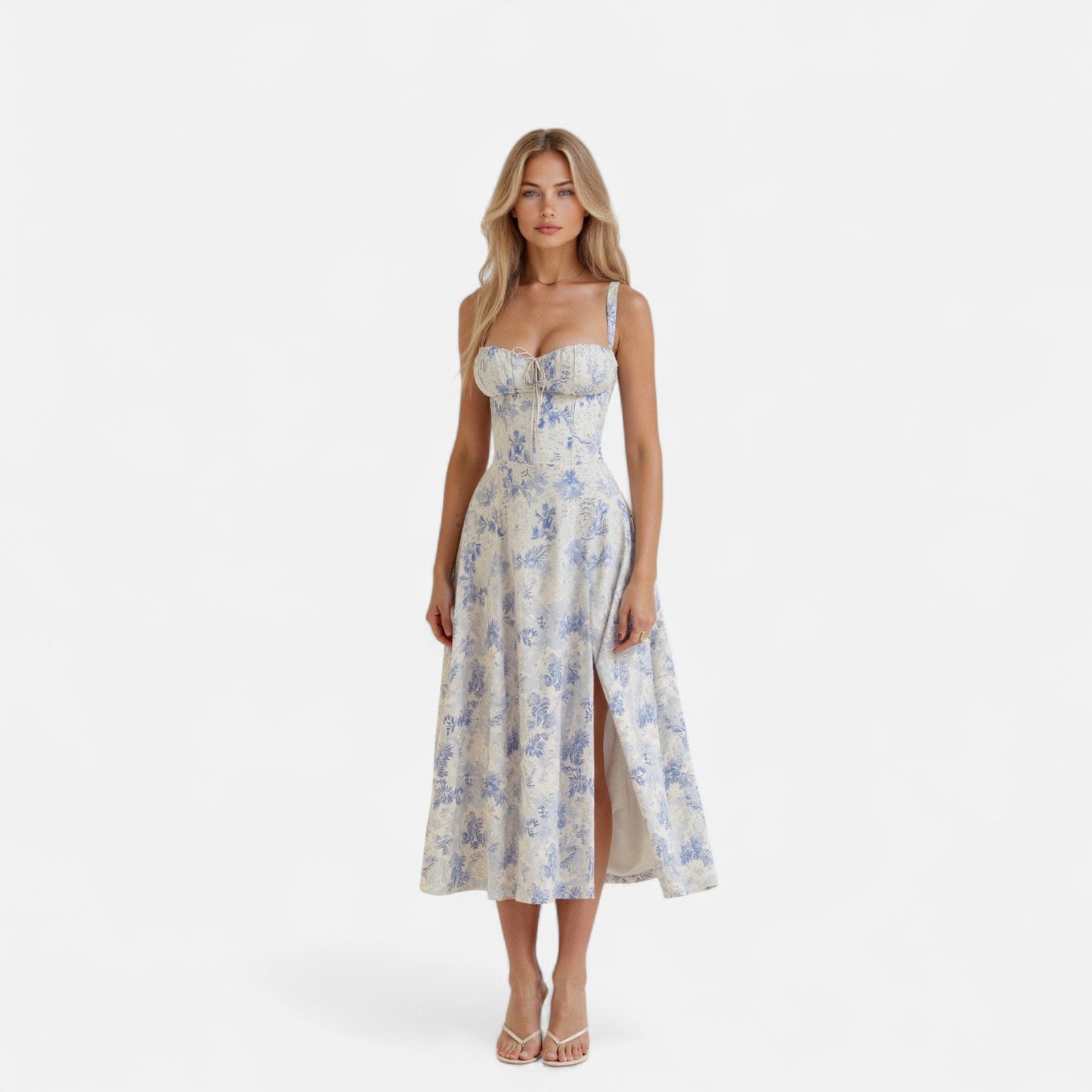 Valmoirmode | Kiana Floral Corset Midi Dress – Elegant Summer
