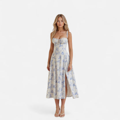 Valmoirmode | Kiana Floral Corset Midi Dress – Elegant Summer