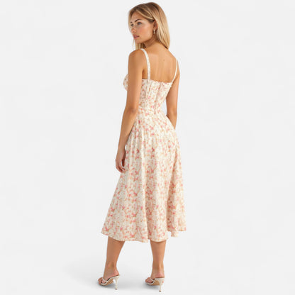 Valmoirmode | Kiana Floral Corset Midi Dress – Elegant Summer