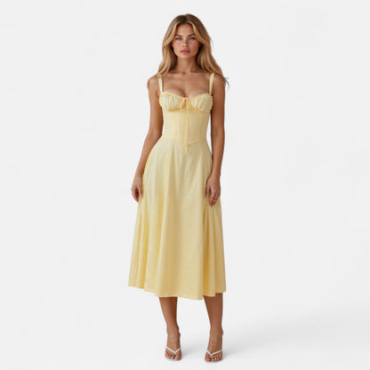 Valmoirmode | Kiana Floral Corset Midi Dress – Elegant Summer