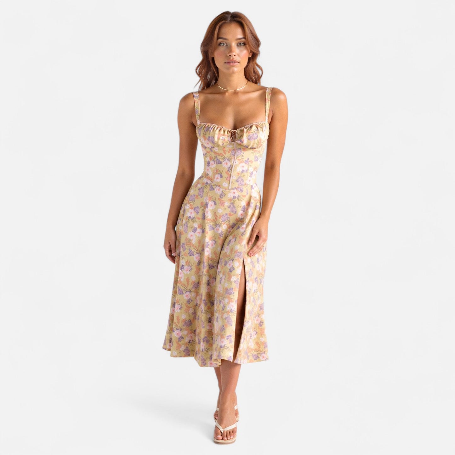 Valmoirmode | Kiana Floral Corset Midi Dress – Elegant Summer