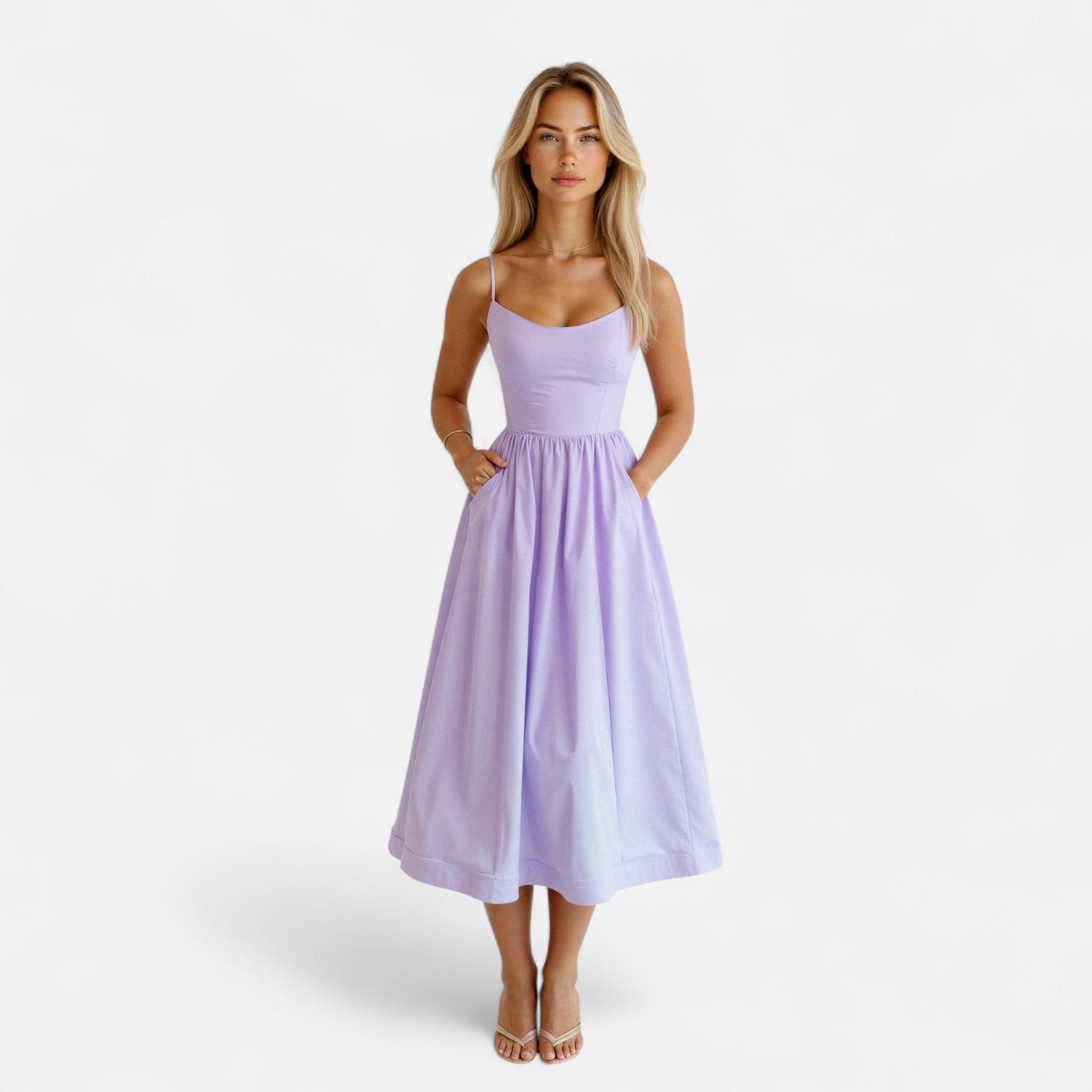 Valmoirmode | Women's Elegant A-Line Midi Dress with Spaghetti Straps – Effortless Summer Sophistication