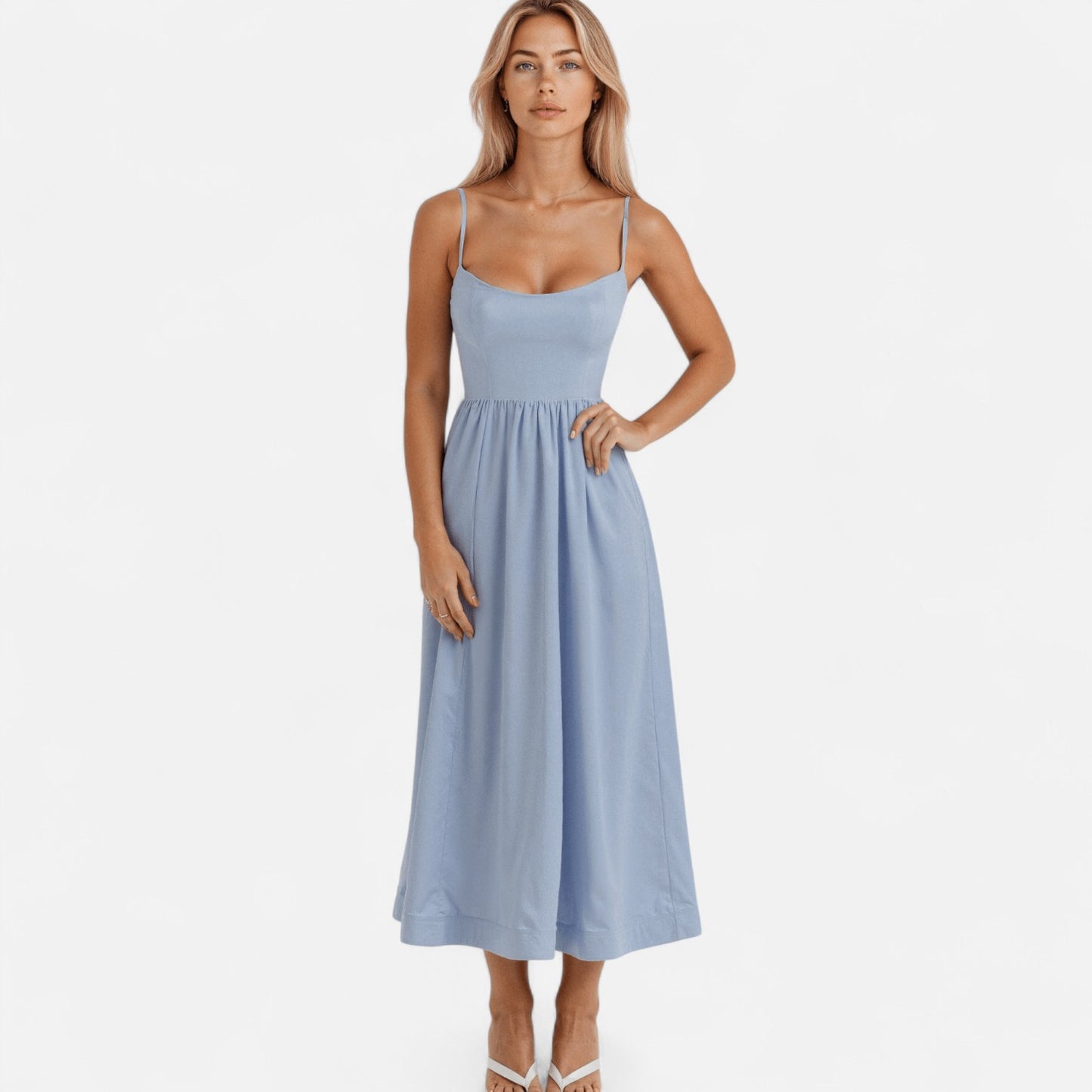 Valmoirmode | Women's Elegant A-Line Midi Dress with Spaghetti Straps – Effortless Summer Sophistication