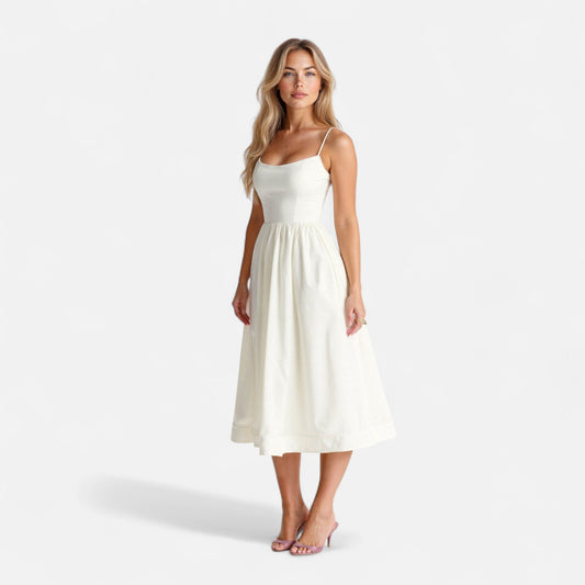 Valmoirmode | Women's Elegant A-Line Midi Dress with Spaghetti Straps – Effortless Summer Sophistication