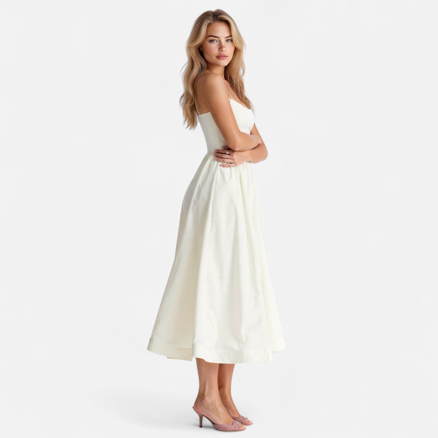 Valmoirmode | Women's Elegant A-Line Midi Dress with Spaghetti Straps – Effortless Summer Sophistication